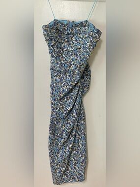 Anthropologie Blue Floral Strapless Dress - Ruched through middle and rear: L